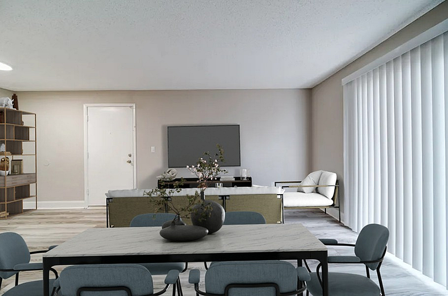 Modern open-concept living room with sleek furniture, natural light filtering through large vertical blinds, and elegant dining area.