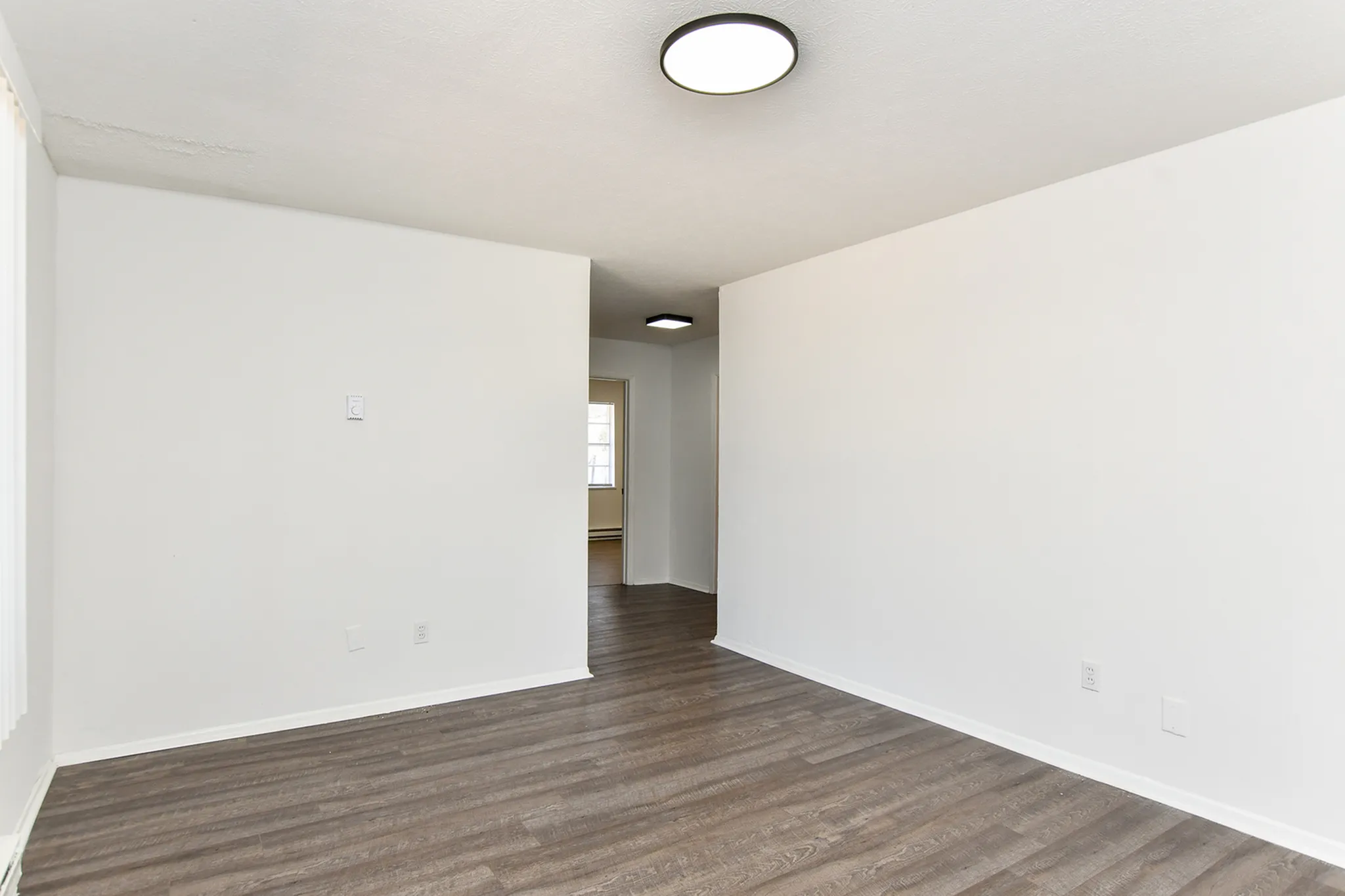 Bright and spacious hallway featuring modern lighting and sleek wood flooring, leading to a sunlit room.