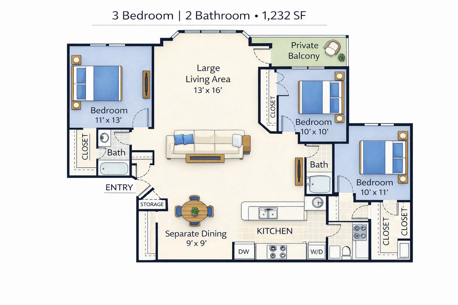 Charming 3-bedroom, 2-bathroom floor plan featuring a spacious living area, separate dining room, and private balcony, spanning 1,232 square feet.