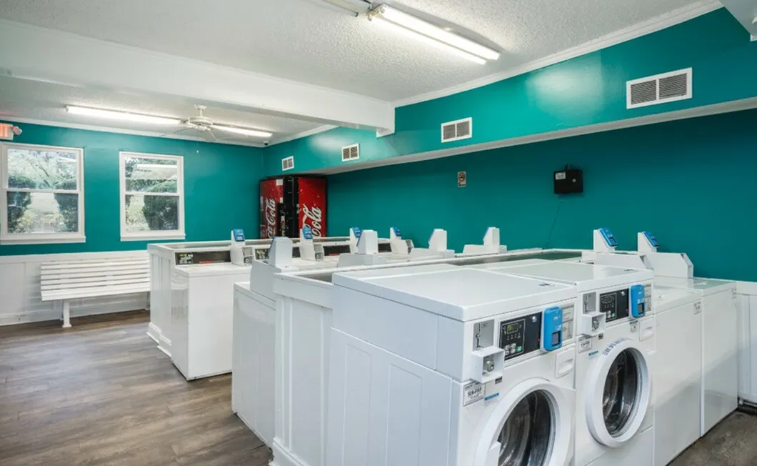 Bright and inviting laundry room with modern washers, vibrant teal walls, and ample natural light.