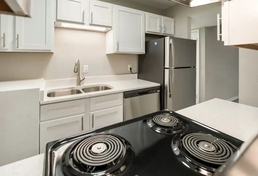 Modern kitchen with sleek stainless steel appliances, polished countertops, and elegant white cabinetry.