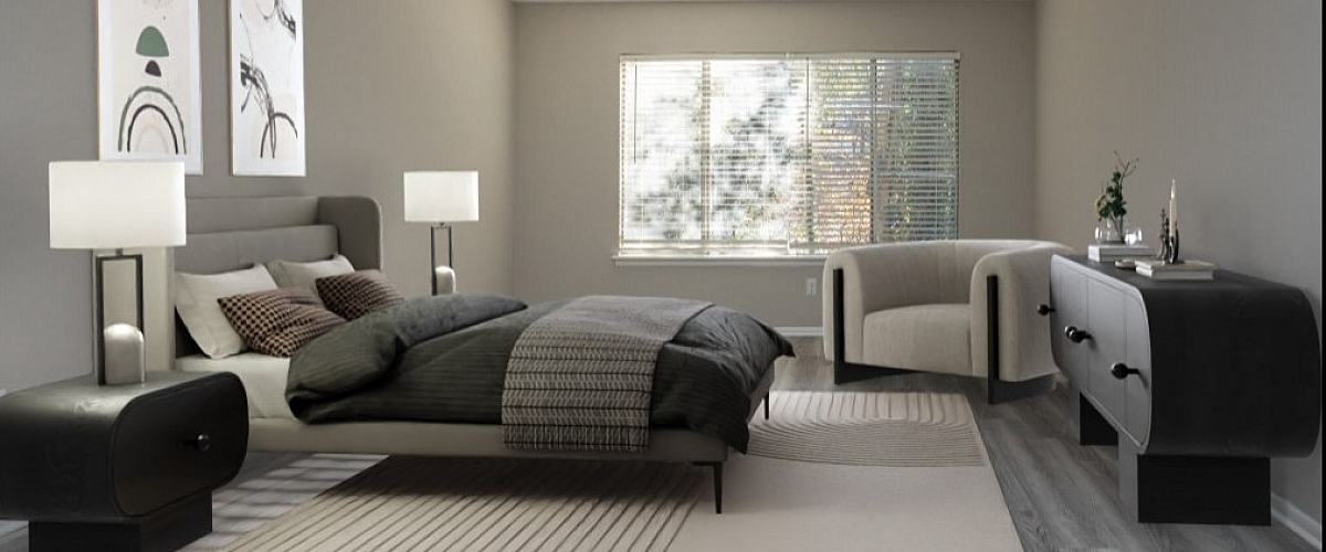 Modern bedroom with elegant decor, featuring a cozy bed, stylish nightstands, and a chic armchair by a large window.