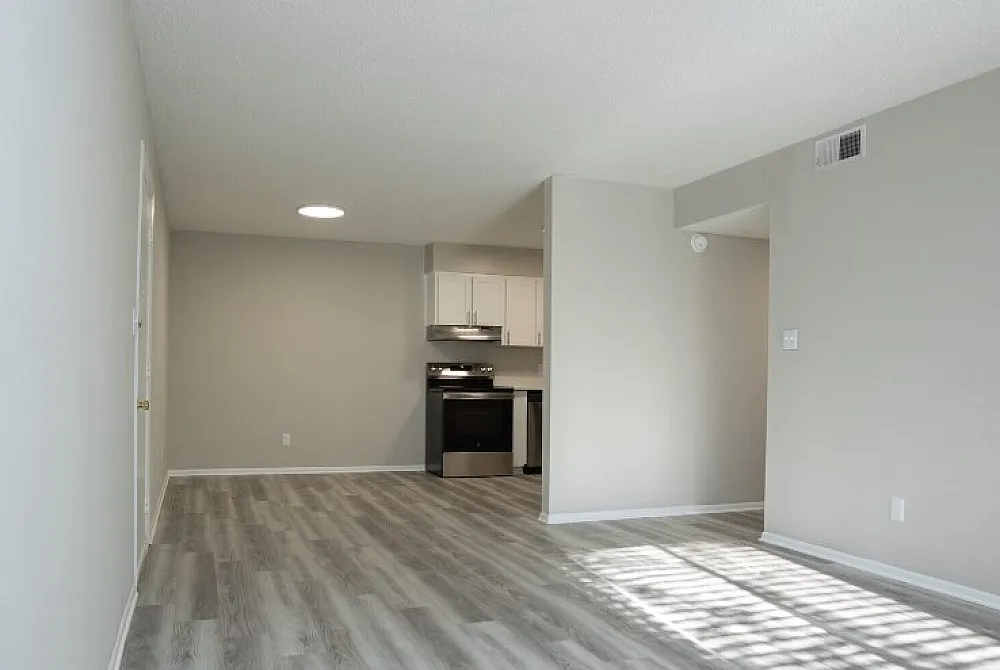 Bright and modern apartment interior featuring open-plan layout with sleek hardwood floors and a cozy kitchen.