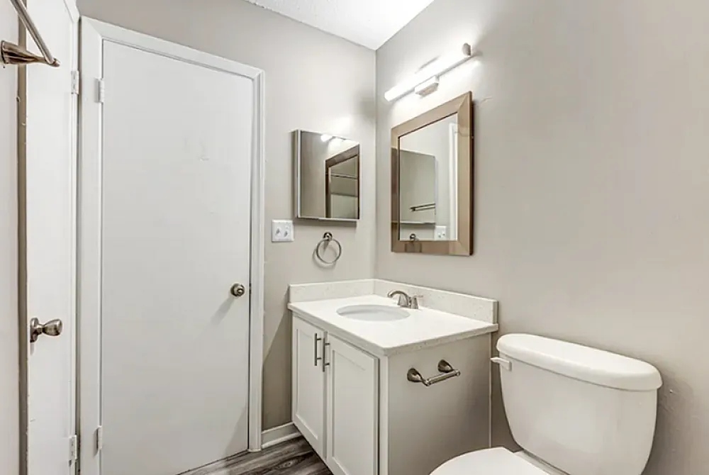 Bright and modern bathroom featuring sleek white cabinetry, elegant fixtures, and a large mirror.