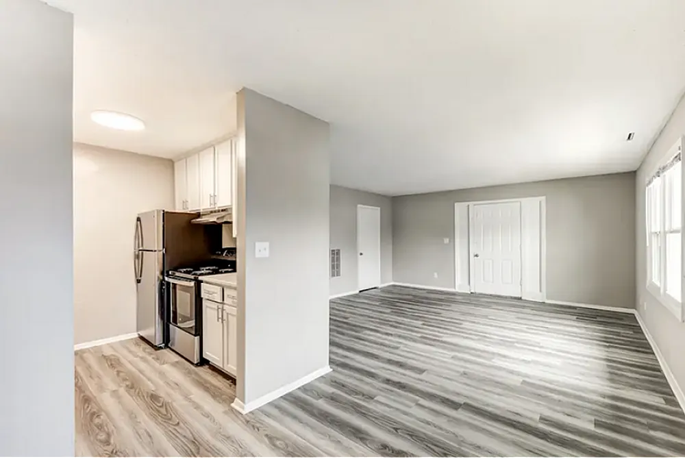 Bright and airy apartment with modern kitchen, sleek flooring, and ample natural light in a spacious open layout.