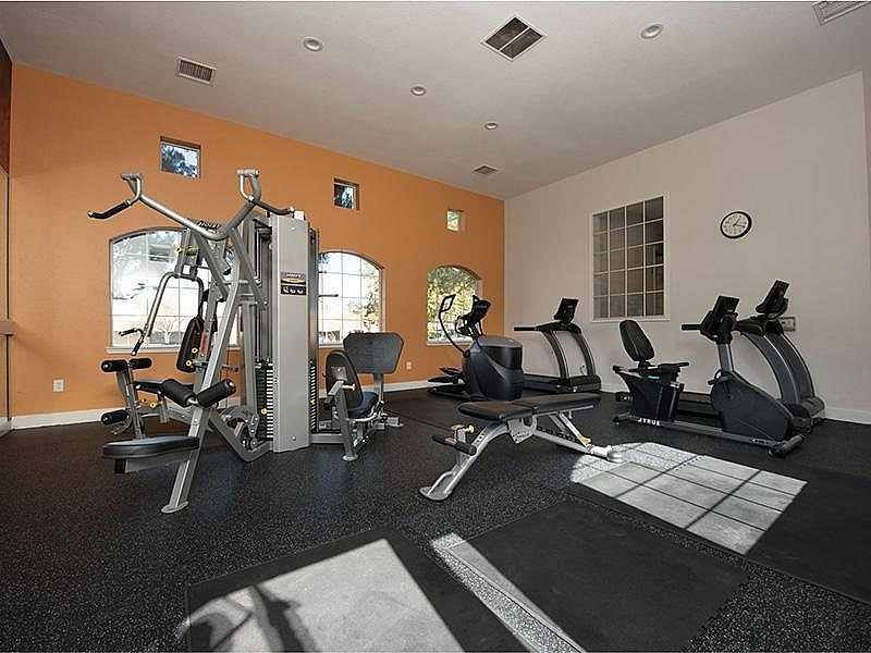 Bright and modern apartment gym featuring top-tier exercise equipment and large windows for natural light.