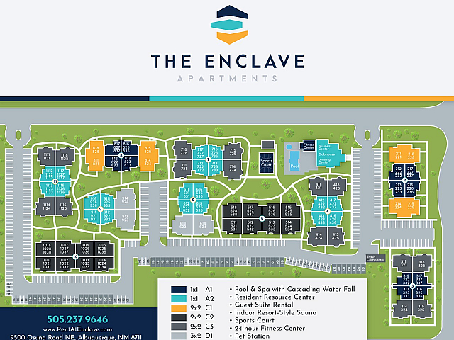 Vibrant site map of The Enclave Apartments showcasing a diverse range of unit options, lush landscaping, and luxurious amenities including a pool, fitness center, and sports court in Albuquerque, NM.
