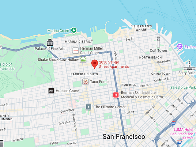 Prime San Francisco location map highlighting 2030 Vallejo Street Apartments in the vibrant Pacific Heights neighborhood, near iconic landmarks and attractions.