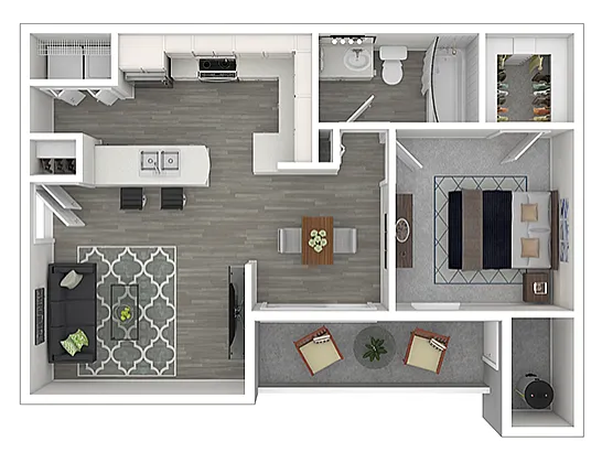 Modern 2D floor plan showcasing a spacious apartment with an open-concept kitchen, vibrant living area, cozy bedroom, and elegant bathroom.