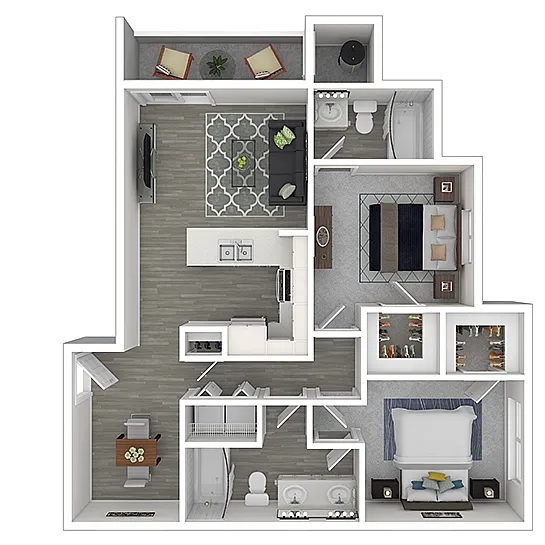 Sophisticated 2D floor plan showcasing 2 bedrooms with ample closet space, modern kitchen, cozy living room, and two sleek bathrooms. Perfect blend of style and functionality.