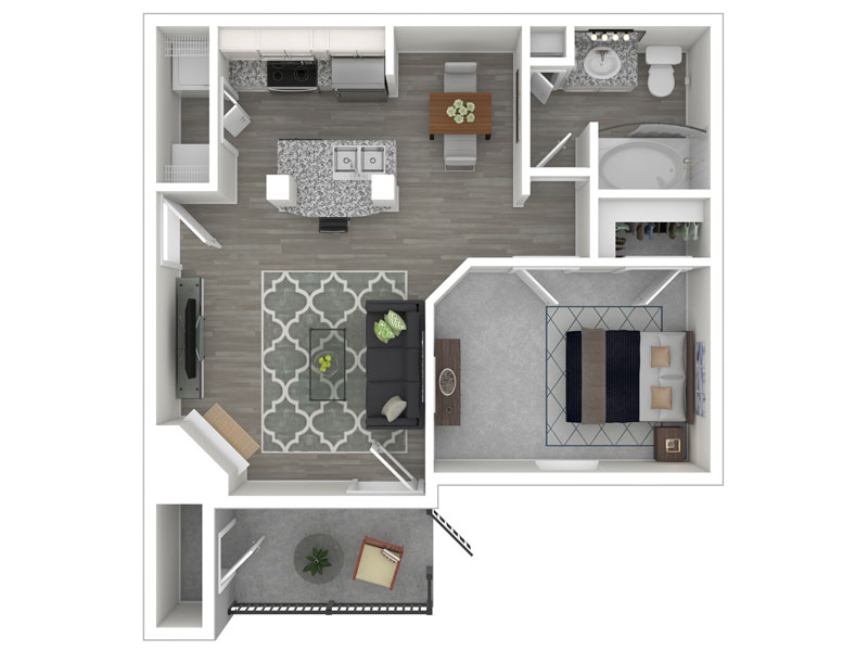 Chic open-plan layout with a spacious bedroom, modern kitchen, cozy living area, and luxurious bathroom.