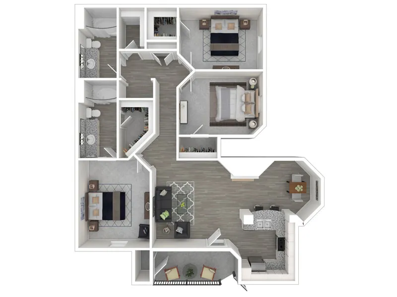 Modern 3-bedroom apartment floor plan with dual bathrooms, open-concept kitchen, and cozy living room, featuring spacious closets and a balcony.