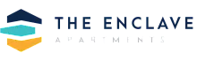 Modern logo of The Enclave Apartments featuring a stylish geometric design with three stacked shapes in navy, teal, and orange.