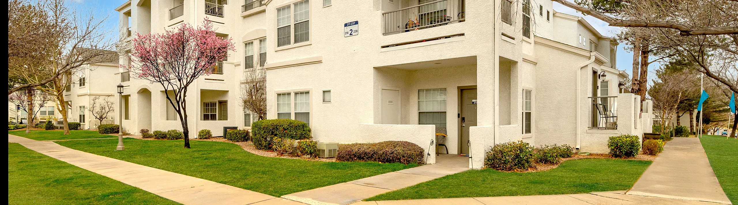 Charming apartment complex with elegant white exterior, lush greenery, and a vibrant cherry blossom tree under a clear blue sky.
