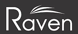 Sleek and modern Raven logo with a stylish curved design element.