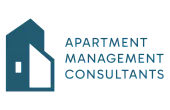 Modern logo for Apartment Management Consultants featuring a stylized building silhouette and bold typography.