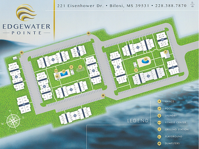 Edgewater Pointe site plan featuring a lush green landscape with apartment units, pool, fitness center, grilling station, playground, and spacious parking areas in Biloxi, MS.