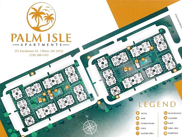 Charming Palm Isle Apartments complex map highlighting convenient amenities like a pool, fitness room, and playground, set within lush greenery in Biloxi, MS.