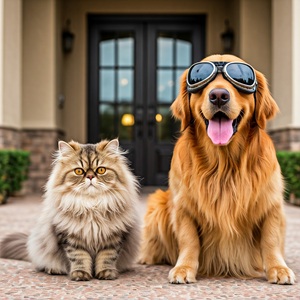 Charming front entrance of a home with a playful Golden Retriever wearing sunglasses and a fluffy Persian cat sitting on the patio
