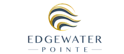 Sophisticated Edgewater Pointe logo featuring elegant gold and navy wave design, perfect for luxury waterfront living.