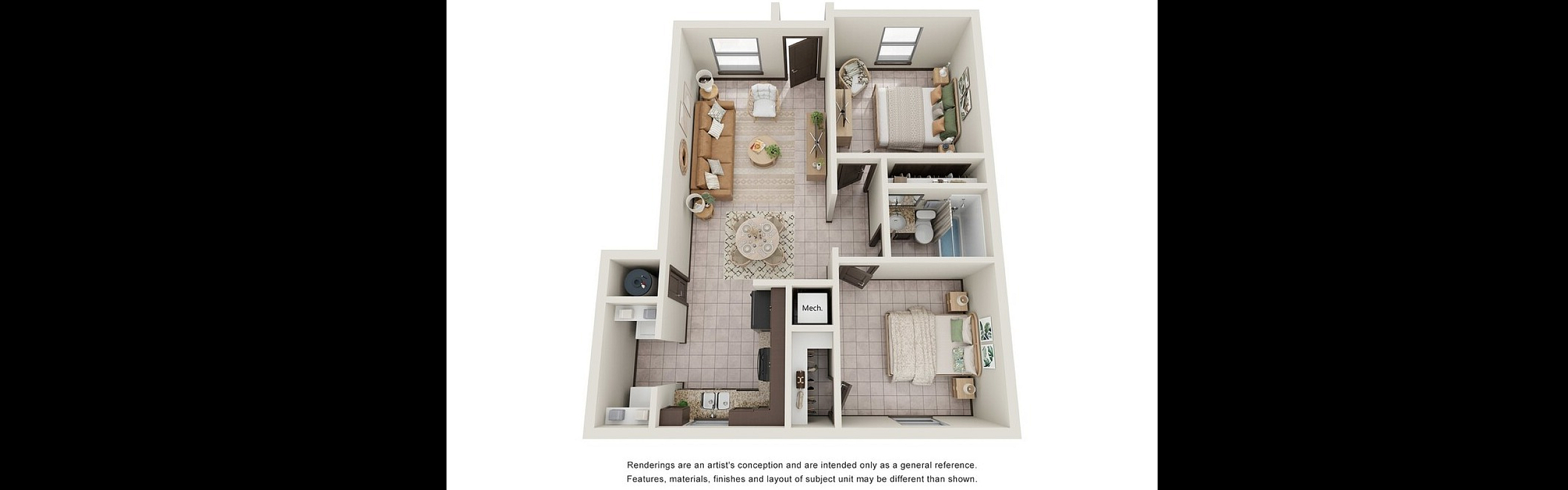 Chic 3D floor plan showcasing an inviting living room, two cozy bedrooms, a modern kitchen, and a sleek bathroom.