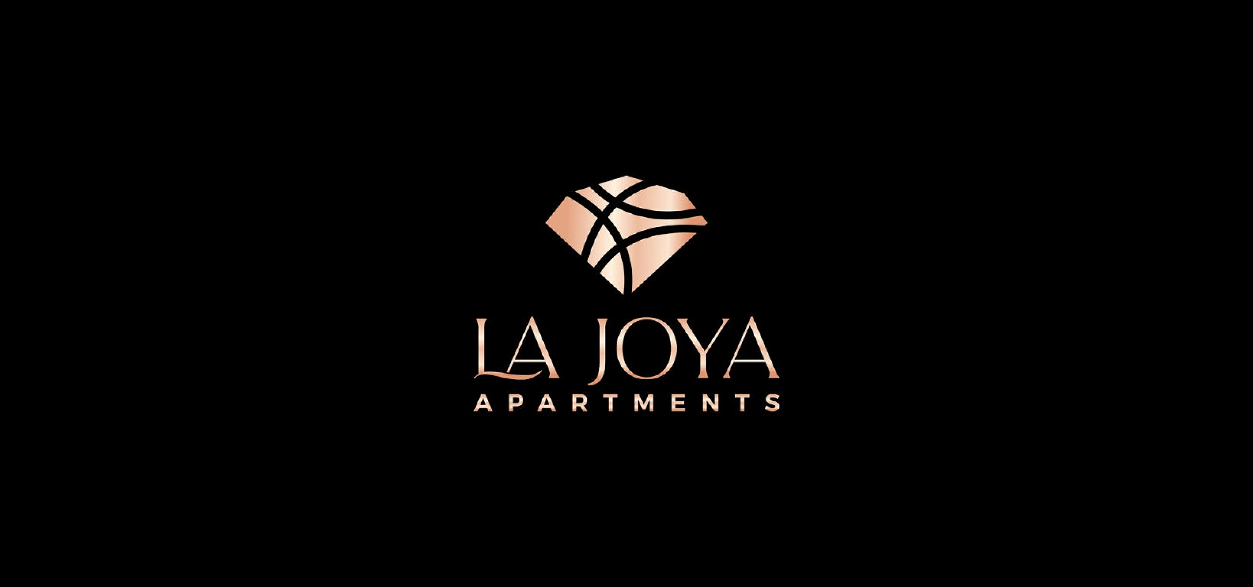 Elegant La Joya Apartments logo in rose gold on a sleek black background.