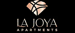 Elegant La Joya Apartments logo featuring a modern geometric design in polished gold against a black background.