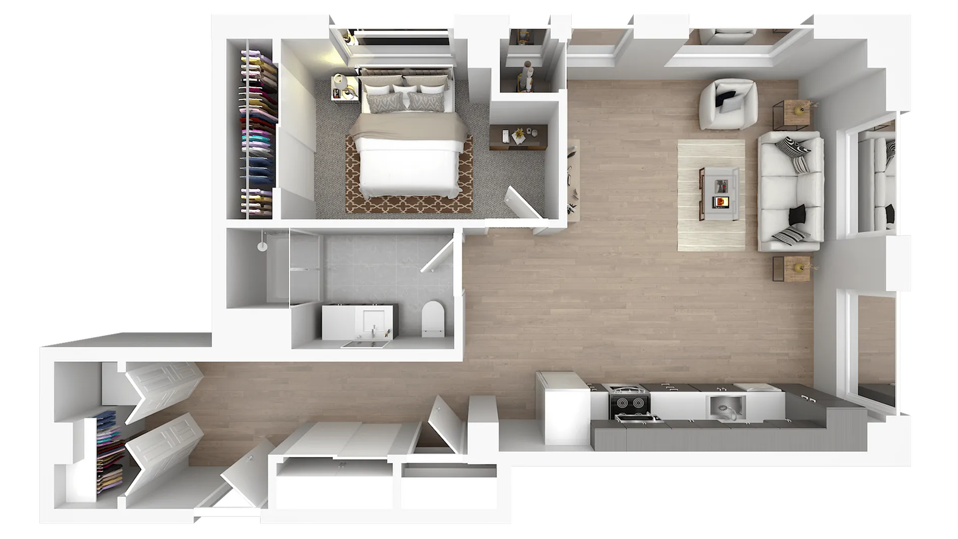 Modern 2D floor plan showcasing a cozy one-bedroom apartment with a spacious living room, contemporary kitchen, and ample closet space.