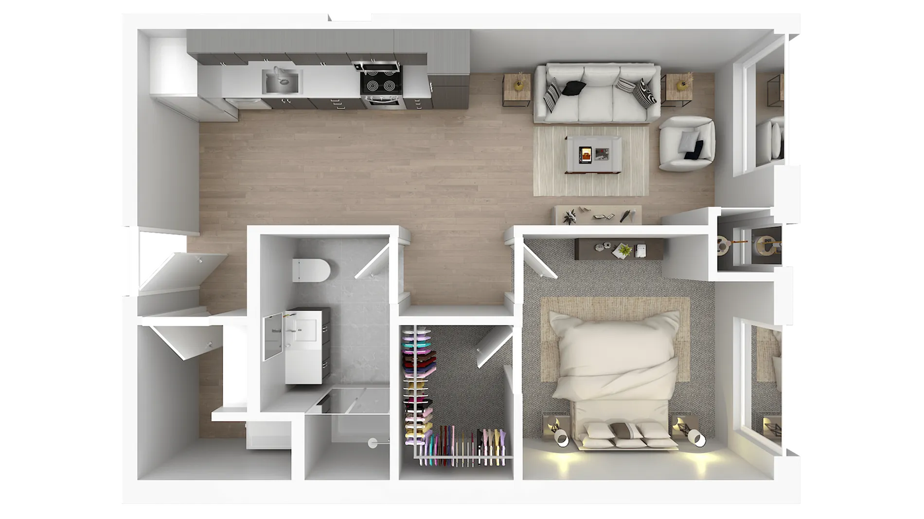 Modern open-concept floor plan featuring a cozy living room, sleek kitchen with contemporary appliances, and a stylish bedroom with en-suite bathroom.