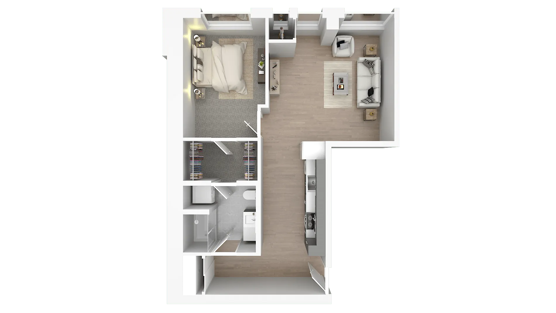 Modern 2D apartment floor plan showcasing a cozy bedroom, well-designed living area, sleek kitchen, and a stylish bathroom.