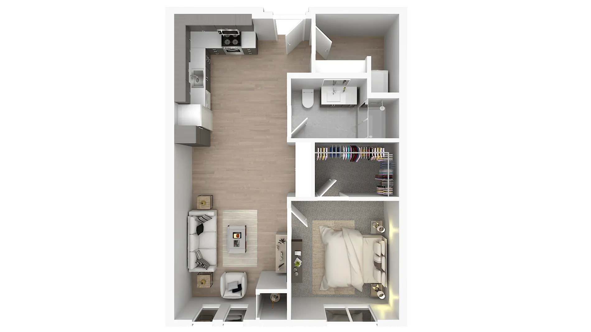Contemporary 3D floor plan showcasing a cozy one-bedroom apartment with an open-concept living area, a sleek kitchen, spacious bathroom, and a walk-in closet.