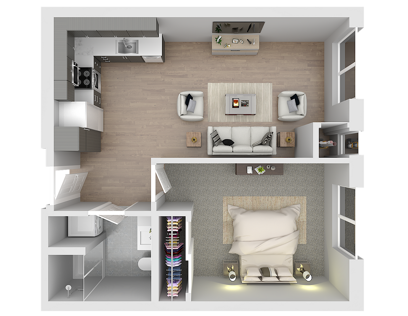 Modern 2D apartment floor plan featuring an open-concept living room, sleek kitchen, elegant bedroom, and stylish bathroom.