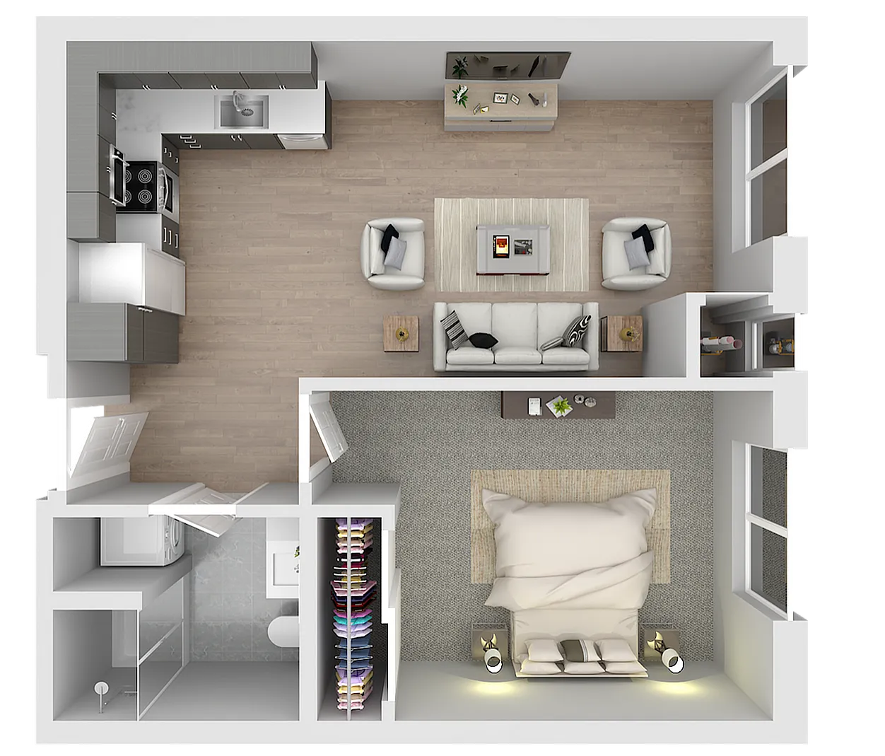Contemporary 1-bedroom apartment floor plan featuring an open-concept kitchen and living room, with modern amenities and stylish layout.
