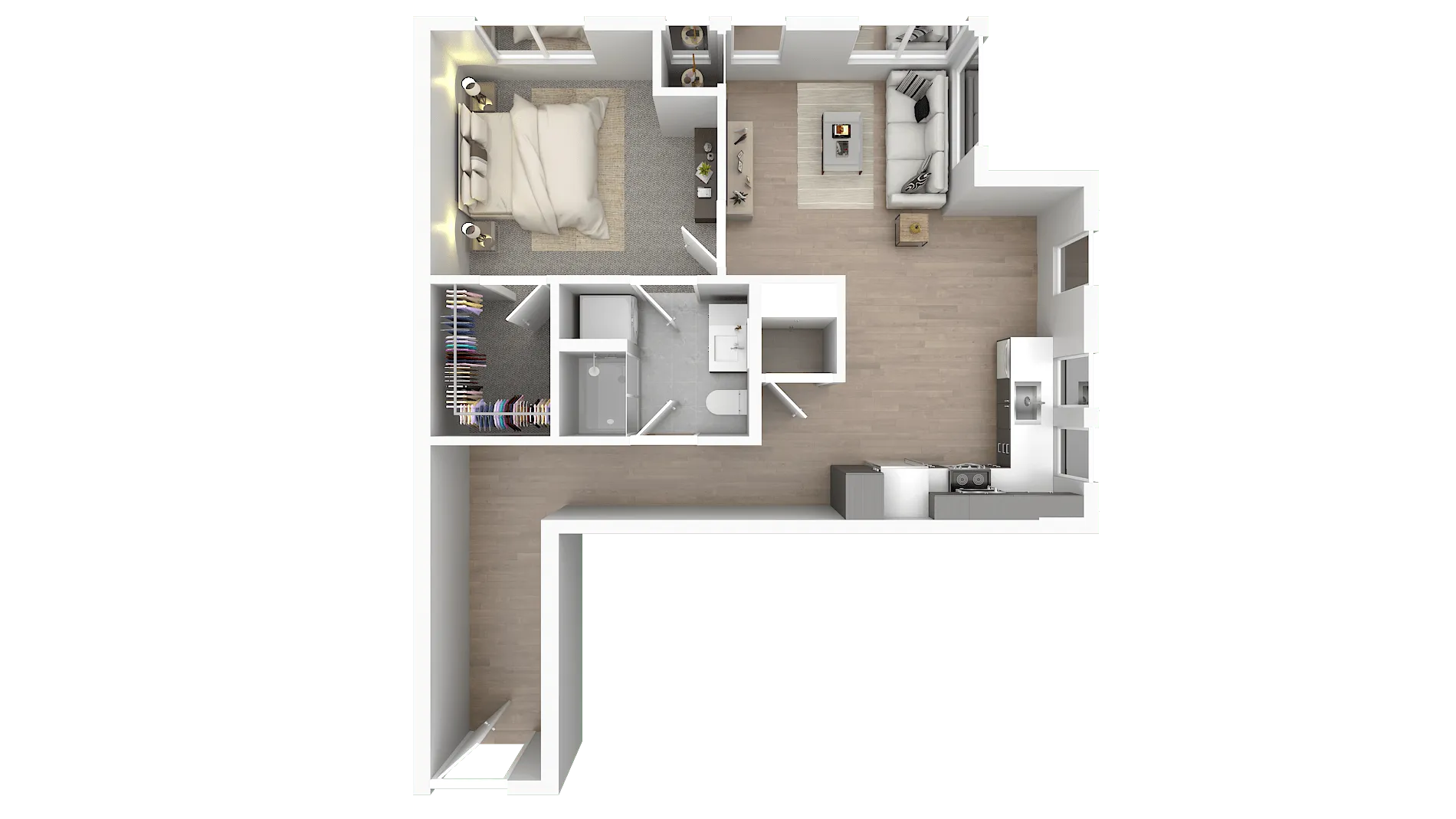 Chic 3D floor plan showcasing a cozy 1 bedroom apartment with modern living room, sleek kitchen, and well-appointed bathroom.