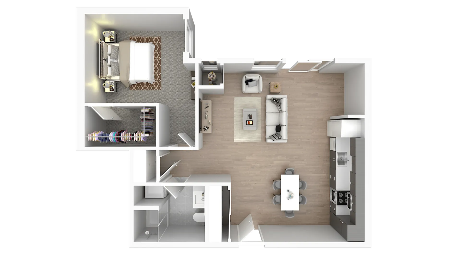 Elegant 3D floor plan showcasing a modern one-bedroom apartment featuring an open-concept living room, dining area, and sleek kitchen, complemented by a spacious walk-in closet and stylish bathroom.