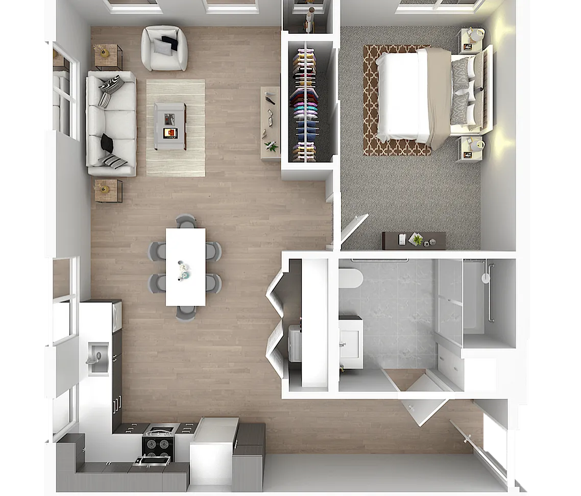 Charming 3D floor plan showcasing a spacious one-bedroom apartment with a modern open-concept living area, stylish kitchen, and sleek bathroom design.
