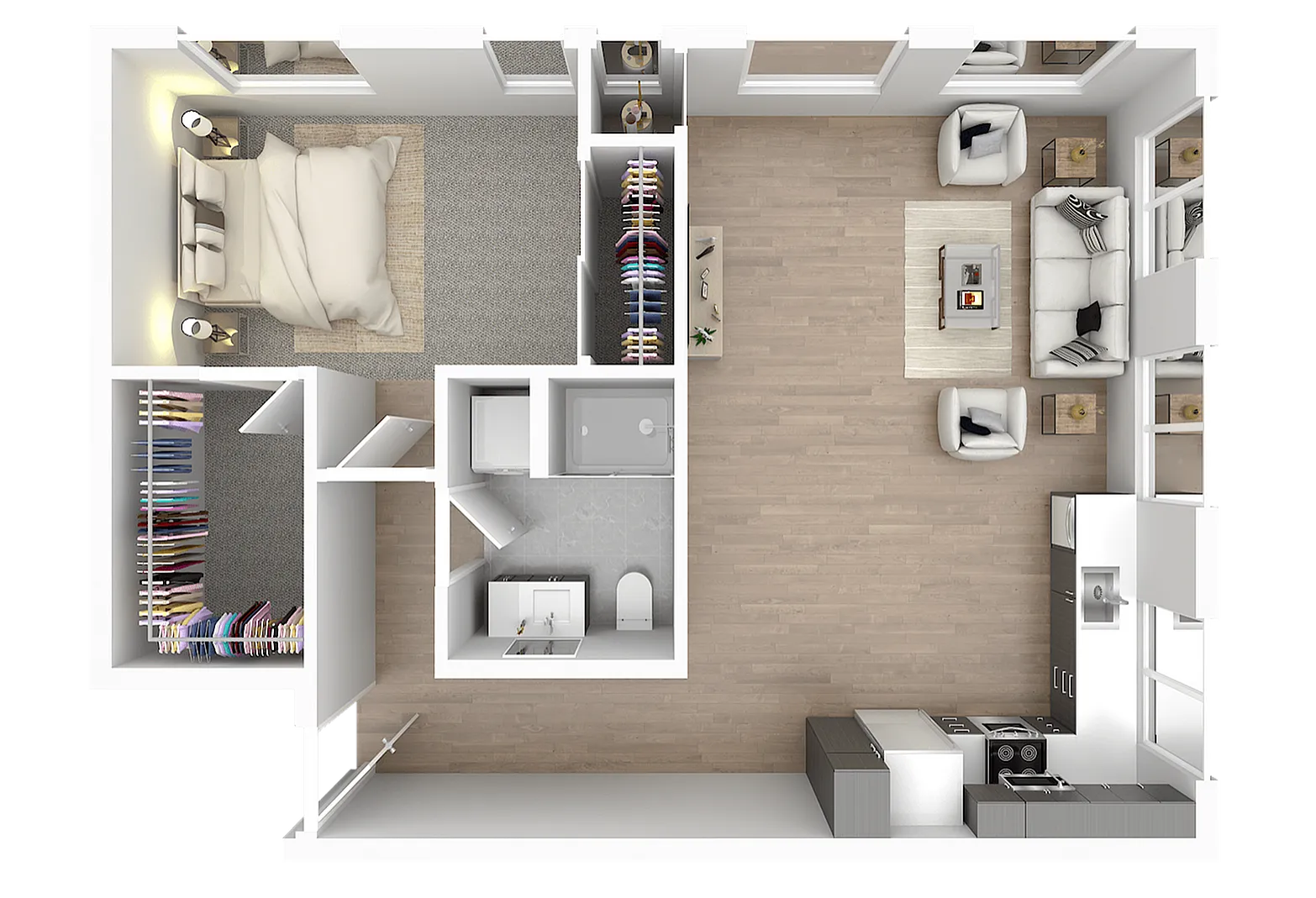 Modern 3D floor plan showcasing a cozy bedroom, spacious living area, and sleek open kitchen with abundant natural light.