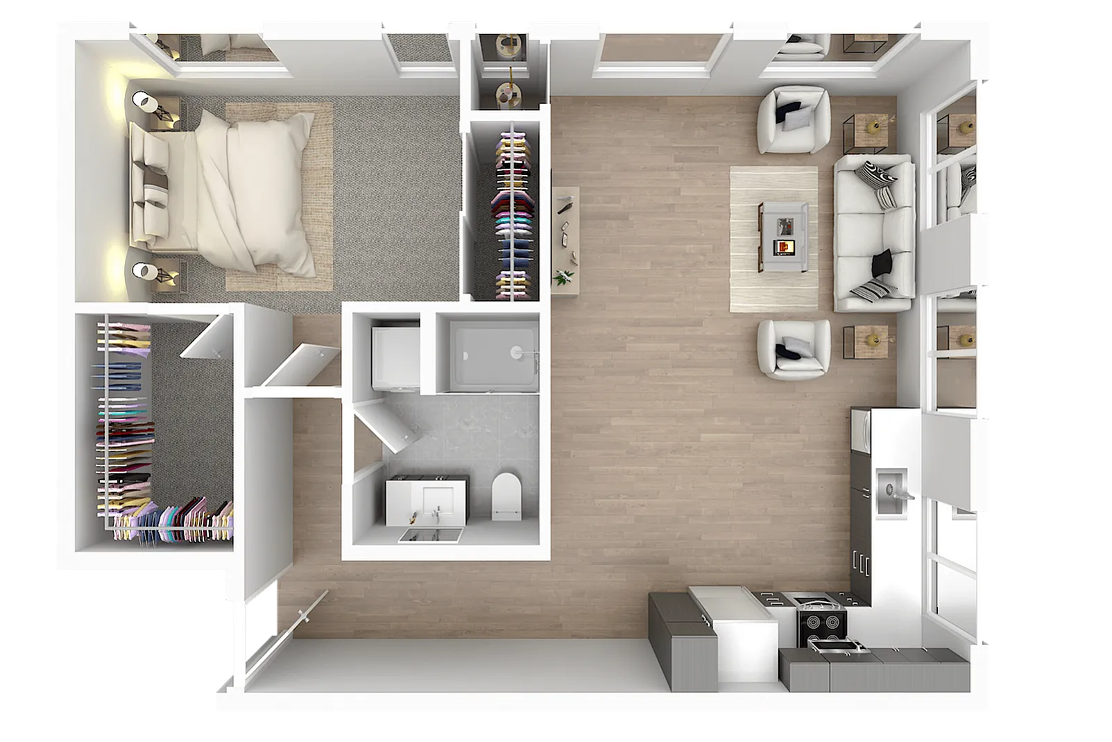 Modern 1-bedroom apartment floor plan with a spacious living area, open kitchen, and ample closet space.