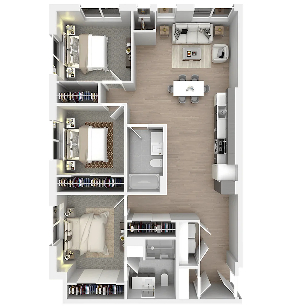 Elegant 3D floor plan showcasing 3 spacious bedrooms, a modern open-concept living area, and a sleek kitchen design.