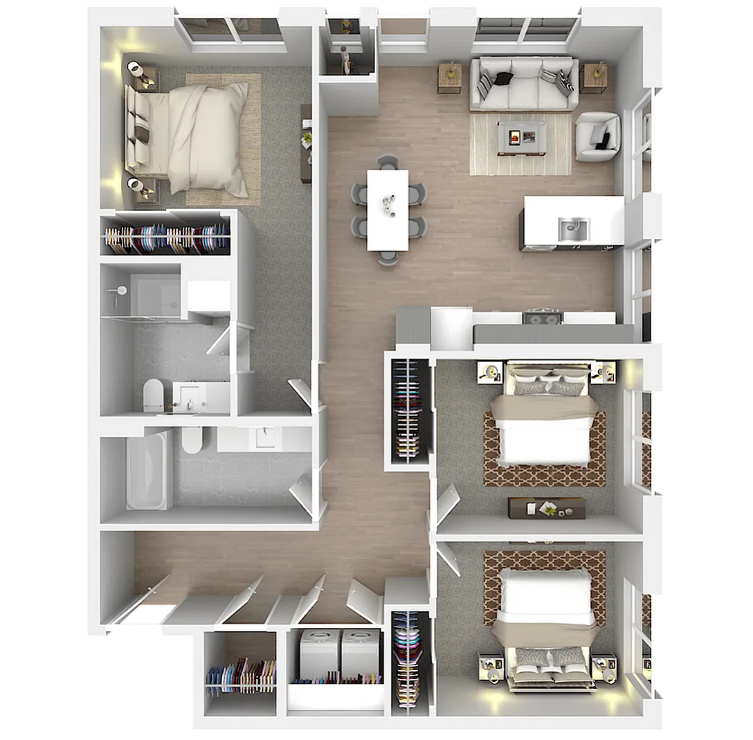 Contemporary 3D floor plan showcasing a spacious apartment with three bedrooms, chic open-concept kitchen and living area, and modern bathrooms.