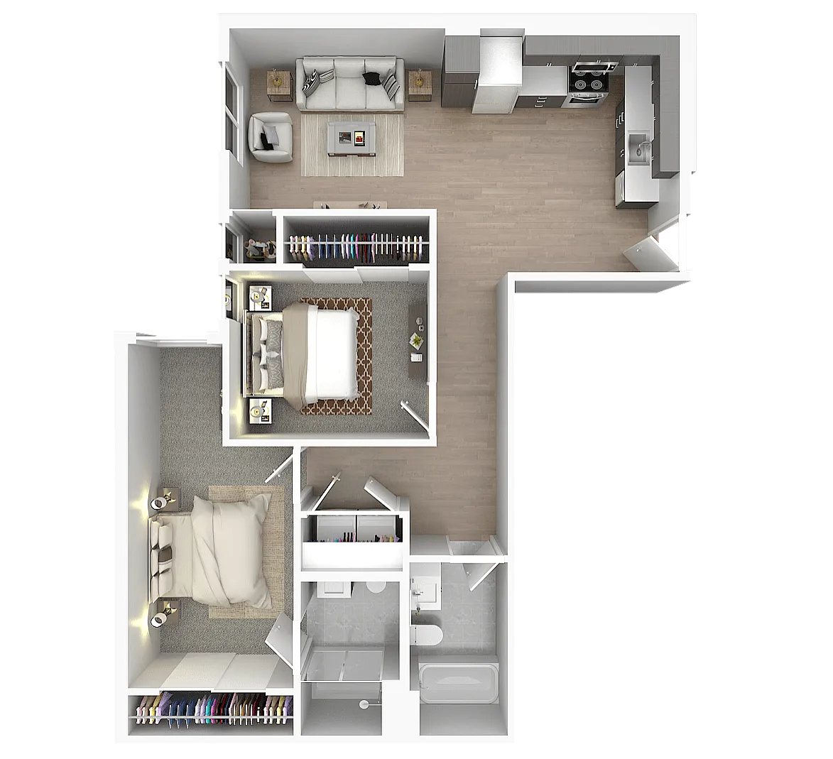 Modern 3D floor plan showcasing two bedrooms, a cozy open-plan living area, a sleek kitchen, and a pristine bathroom.