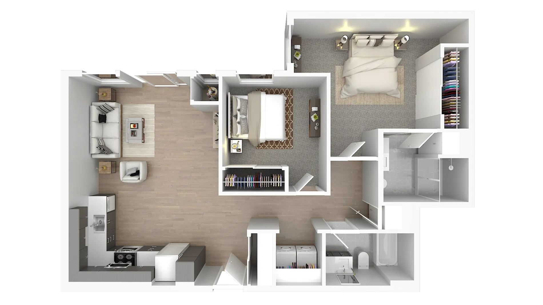 Modern 2-bedroom apartment floor plan with open-concept living area, sleek kitchen, and spacious bathroom.
