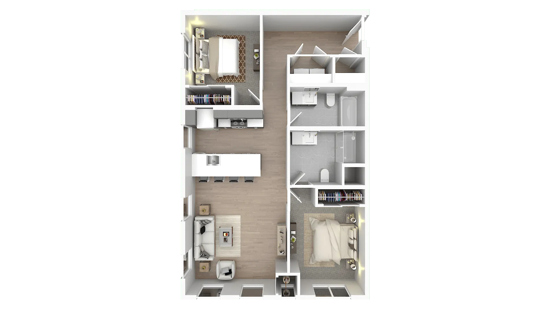 Sleek 3D floor plan showcasing 2 spacious bedrooms, modern kitchen with island, cozy living area, and elegant bathrooms.