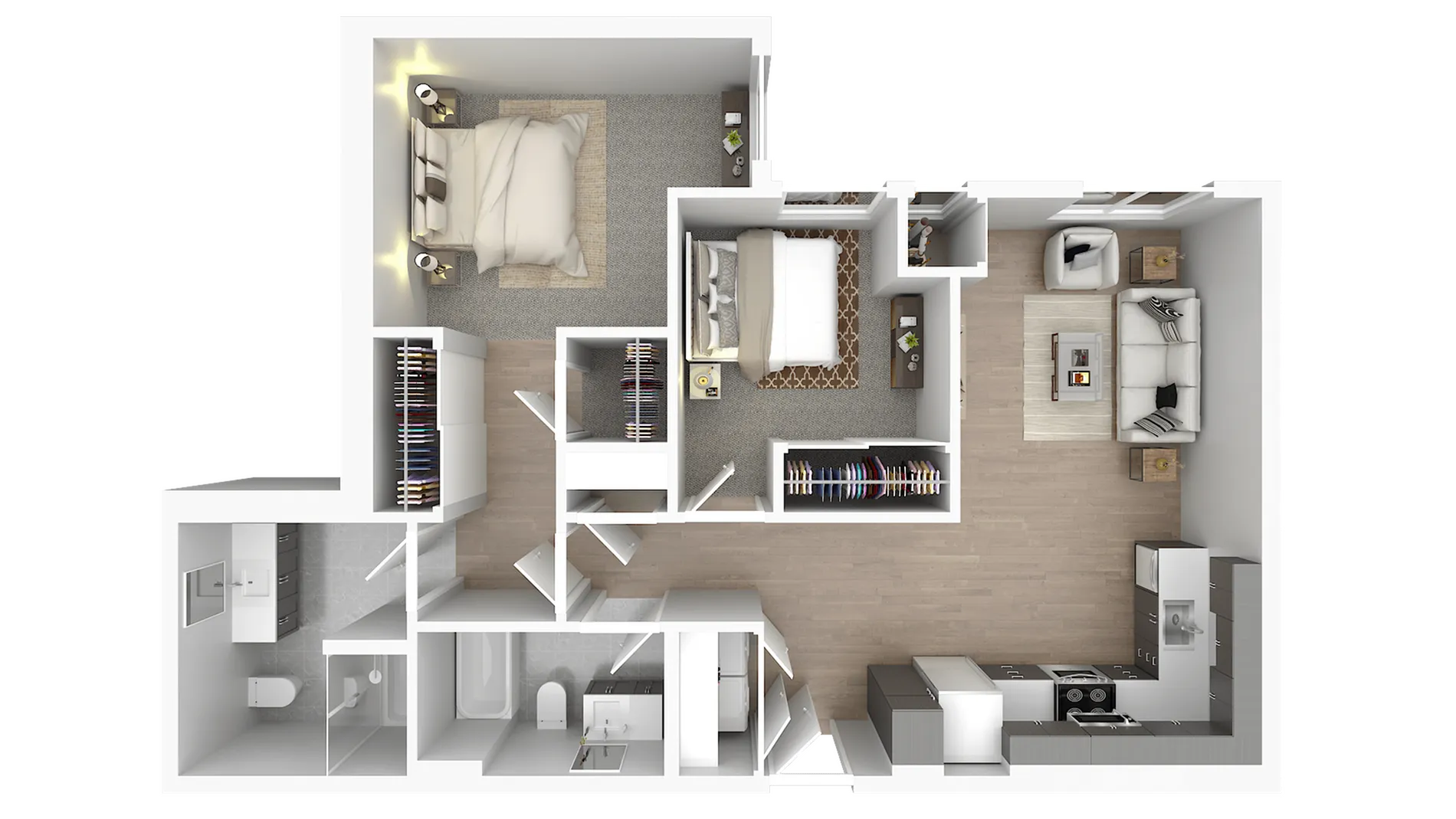 Modern 2D floor plan featuring two elegant bedrooms, a sleek kitchen, and a cozy living room with stylish furnishings.