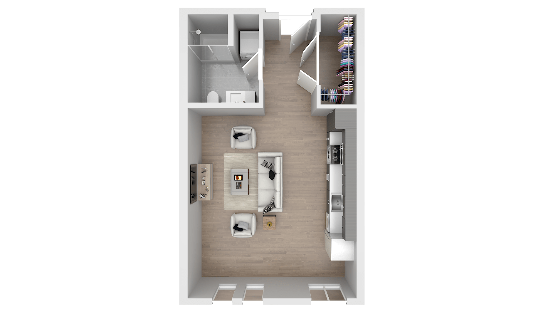 Modern studio apartment floor plan featuring an open-concept living area with sleek kitchen, cozy seating, spacious walk-in closet, and a stylish bathroom.
