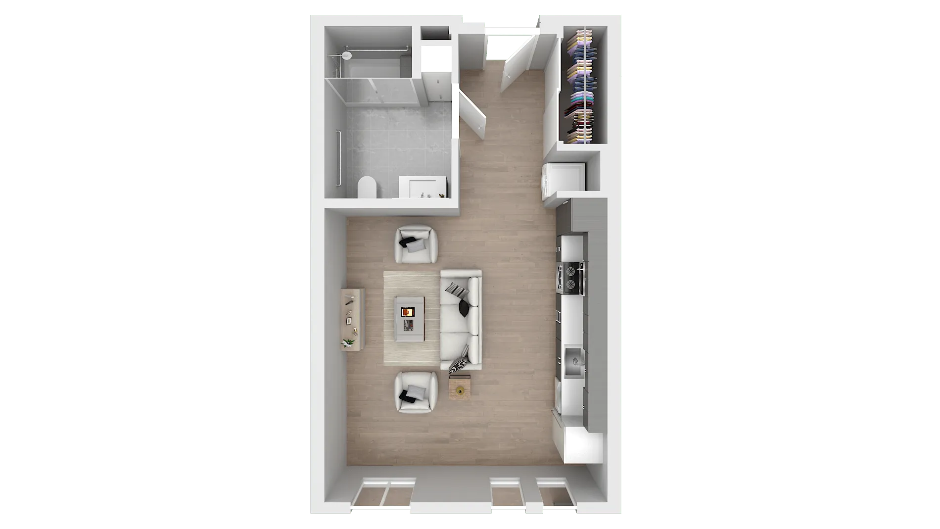 Contemporary floor plan featuring an open living area with cozy seating, modern kitchen, spacious closet, and elegant bathroom.