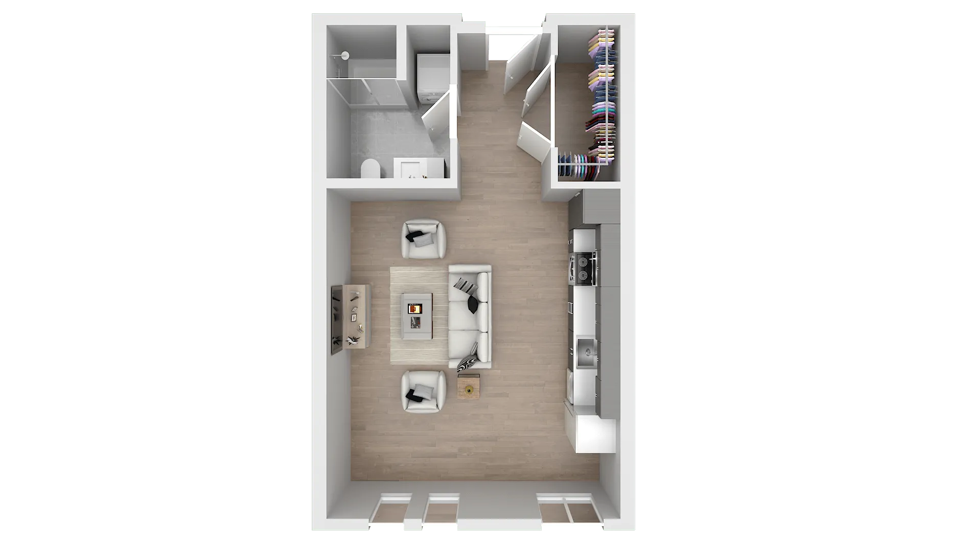 Modern open-concept floor plan showcasing a cozy living room, sleek kitchen, spacious closet, and contemporary bathroom.
