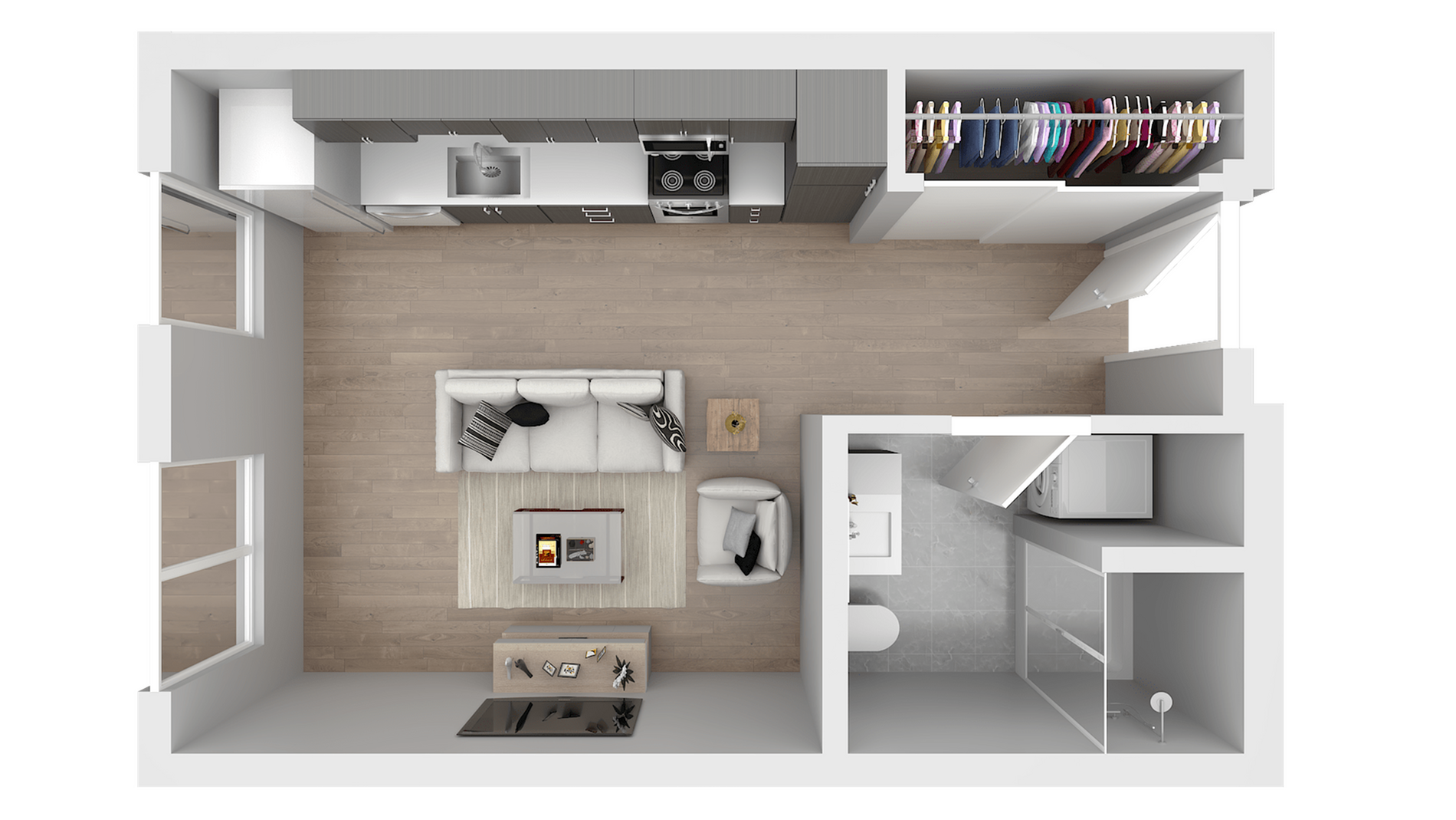 Modern 3D floor plan showcasing a sleek open-concept living area, contemporary kitchen with stylish cabinetry, spacious closet, and elegant bathroom.