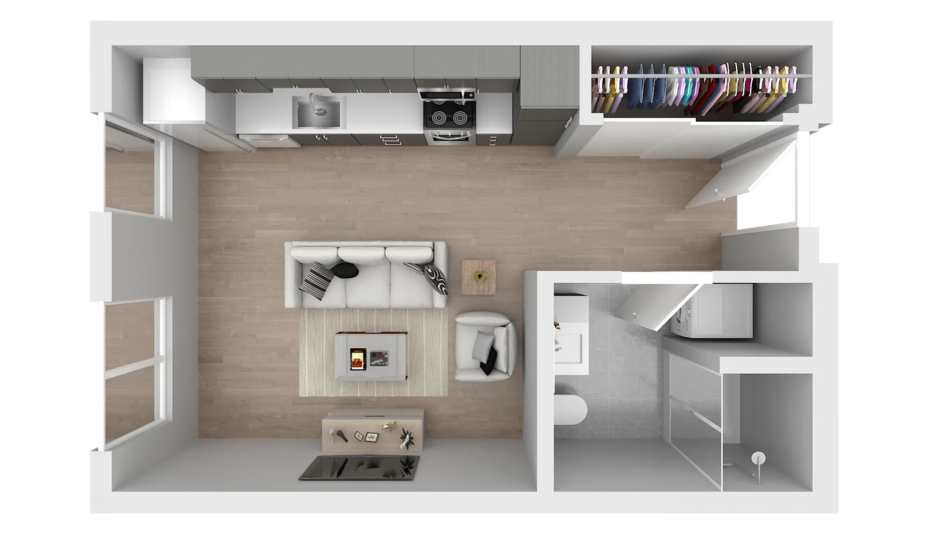Modern open-concept apartment layout with sleek kitchen, cozy living area, and spacious bathroom, featuring elegant finishes and ample storage.