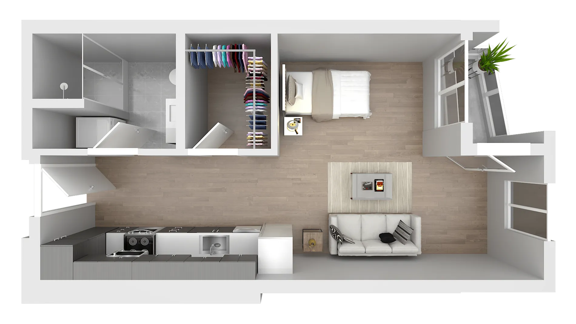Modern 1-bedroom apartment floor plan featuring an open-concept living area, sleek kitchen, cozy bedroom with a spacious closet, and a luxurious bathroom.